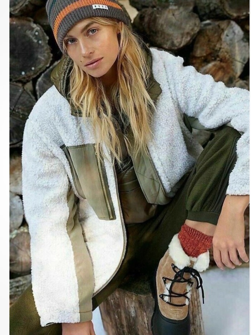 Free People-We The Free Rivington Sherpa Cream Green Desert Combo Sherpa Jacket